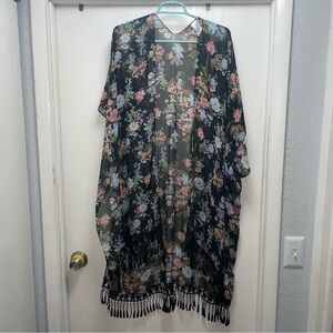 Time and Tru One Size Black Floral Kimono Open Cardigan